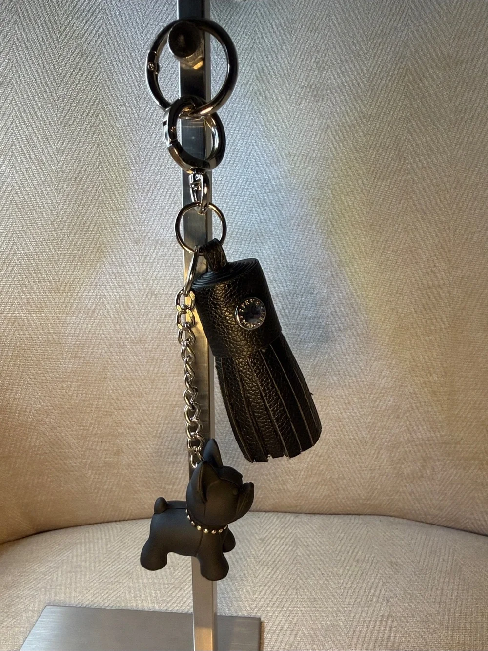 Black Leather Tassel Keychain with Dog Charm